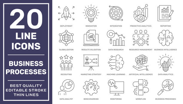 stockillustraties, clipart, cartoons en iconen met business processes and smart business. thin line vector icon set. pixel perfect. editable stroke. eps 10 - bedrijfsproces