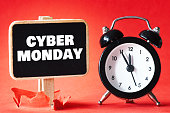CYBER MONDAY words on chalkboard. Holiday online shopping concept. View from above