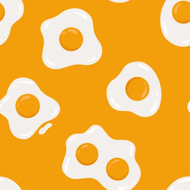 Vector illustration of Seamless pattern with different shaped fried eggs on yellow background. Cooking, diet or healthy food theme.