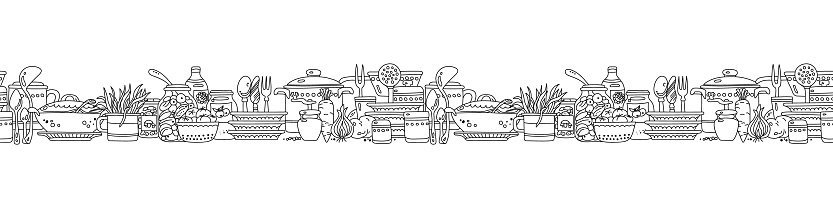 Pan Border Seamless Horizontal Border With Cooking Pans And Cans Vector ...