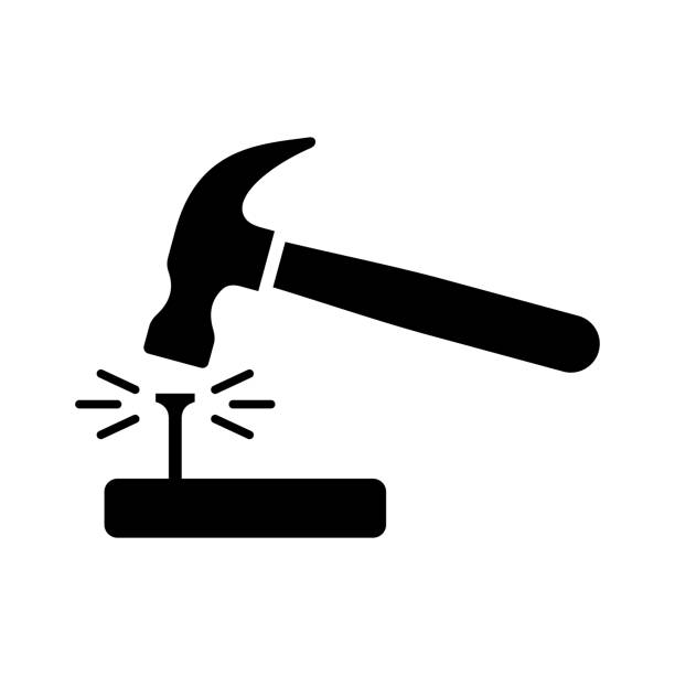 ilustraciones, imágenes clip art, dibujos animados e iconos de stock de icono de reparación. martillo y clavo. bricolaje. - dar en el clavo