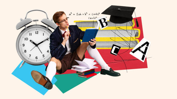 istock Young boy, high school, university student sitting with thoughtful face and solving tasks, homework. Contemporary art collage. 1778224330