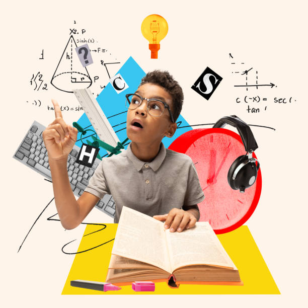 Smart motivated kid, little boy generating ideas, doing homework, learning new information. Contemporary art collage.
