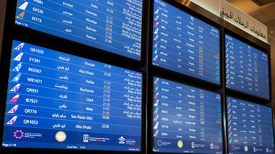 On October 06, 2023, in Doha, Qatar, flight details are exhibited at Hamad International Airport.