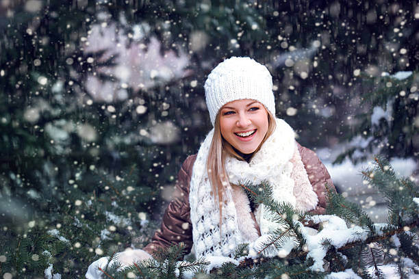 istock happy woman under snowfall 177822753