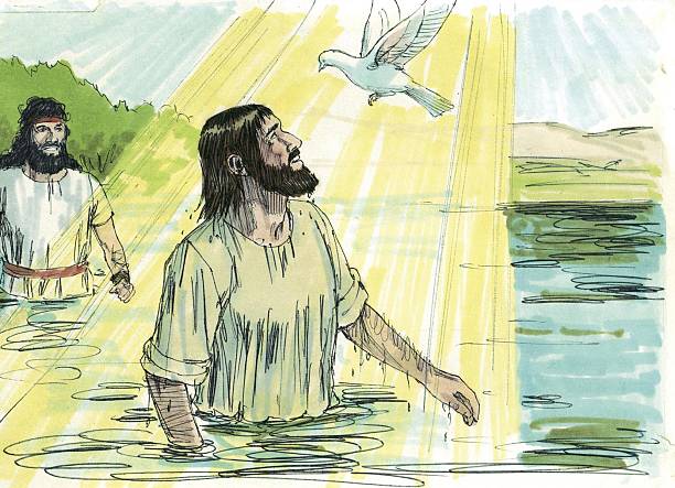 Baptism of Jesus "Jesus was baptized by John the Baptist in the Jordan River. The story is in the book of Matthew in chapter 3 in the New Testament of the Bible.The Bible Art Library is a collection of commissioned biblical paintings. During the late 1970s and early 1980s, under a work-for-hire contract, artist Jim Padgett created illustrations for 208 Bible stories encompassing the entire Bible from Genesis through Revelation. There are over 2200 high-quality, colorful, and authentic illustrations. The illustrations are high quality, biblically and culturally accurate, supporting the reality of the stories and bringing them to life. They can be used to enhance communication of Bible stories in printed, video, digital, and/or audio forms." baptism stock pictures, royalty-free photos & images
