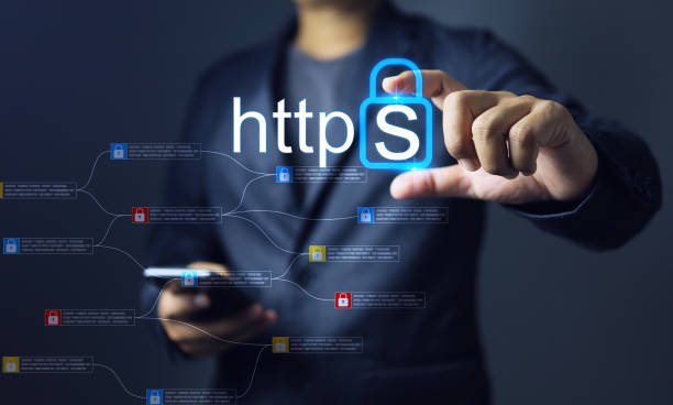Website developer Website developer holding https domain type for security to increase secure level and encrypted communication protocol using Asymmetric Algorithm to protection important data and information hypertext stock pictures, royalty-free photos & images