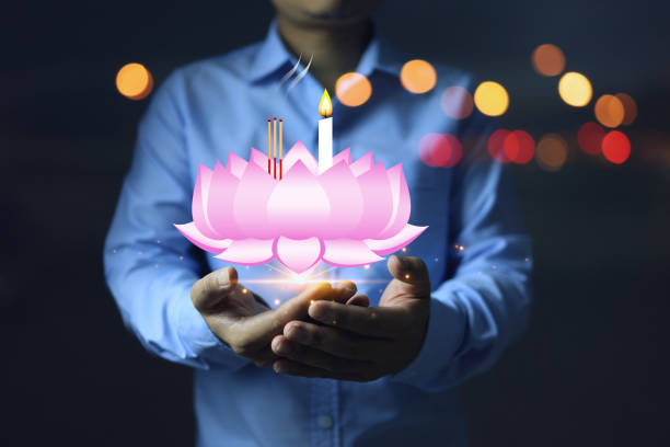 Loy Krathong Festival Thailand Loy Krathong Festival concept. Man holding pink lotus flower bowl made with digital graphic to reduce pollution and not create trash to promote the festival and zero waste. krathong stock pictures, royalty-free photos & images