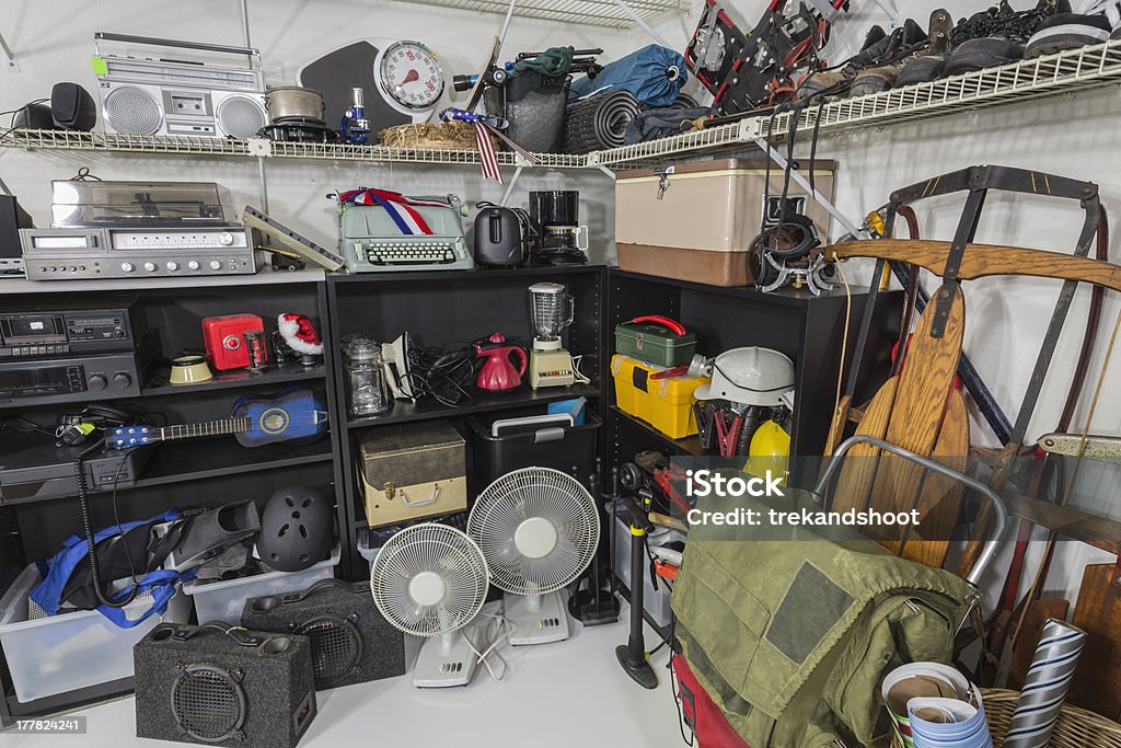 Vintage Garage Sale Corner Vintage items in a residential garage sale setting. Thrift Store Stock Photo