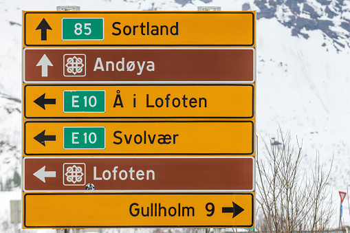 road sign to some villages and sights on the Lofoten islands in Norway
