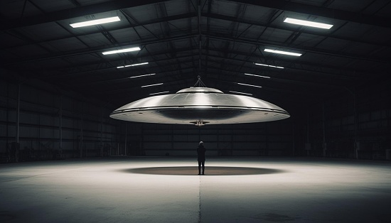A metallic flying saucer hovers inside a dim aviation hangar, lit from above in Nevada, United States