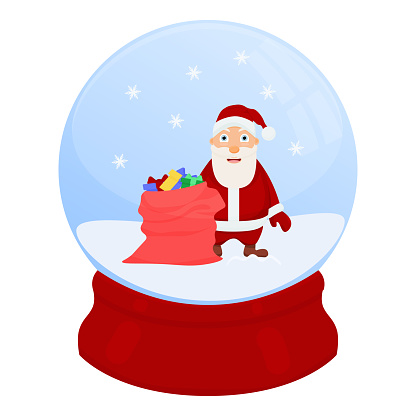 Christmas snow globe with Santa Claus and a bag of gifts. Vector Christmas snow globe. Winter