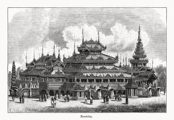 Salin Monastery, Mandalay, Myanmar (Burma), wood engraving, published in 1894 Historical view of the Salin Monastery - royal Buddhist monastery in Mandalay, Myanmar (Burma), known for its indigenous wooden carvings. Salin Monastery was located north of Mandalay Palace, near the racetrack. Destroyed in World War II. Wood engraving, published in 1894. black and white travel travel destinations monk stock illustrations
