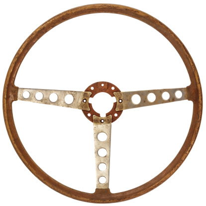 Antique wooden classic car steering wheel isolated on a white background