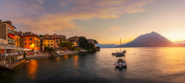 Varenna, small town on Como lake, at sunset, Italy