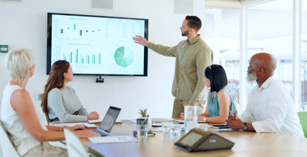 istock Marketing presentation, data analysis and business people meeting, planning and working on company research. Investment strategy, results and businessman talking about agency analytics in a seminar 1778268369