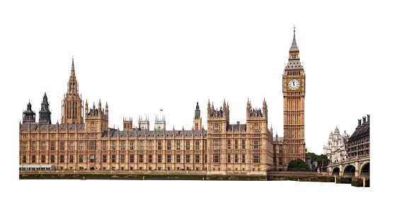Big Ben in London UK cut out and isolated on transparent white background.