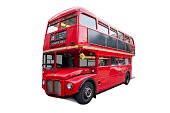 Traditional red bus in London, the UK. Double-decker cut out and isolated on transparent white background