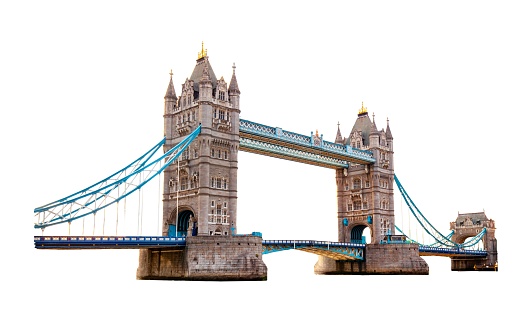 Tower Bridge in London UK cut out and isolated on transparent white background.