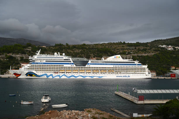 Dubrovnik, Croatia, october 27, 2023 : Liner Aidablu and Liner Seabourn Encore stopping in the port of Dubrovnik
