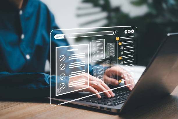 istock Document management and search data concept, Businesswomen use laptops to search electronic checklist documents in folders, Storage system Technology on the internet, Document paperless operate 1778279614