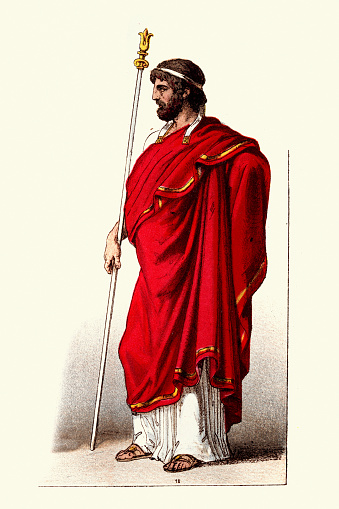 Vintage illustration of Greek King wearing red cloak, himation, carrying a staff, History Fashions of classical ancient greece