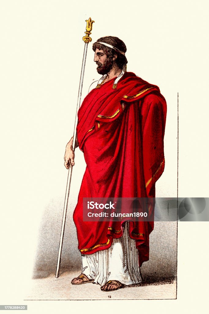 Greek King Wearing Red Cloak Himation Carrying A Staff History Fashions ...