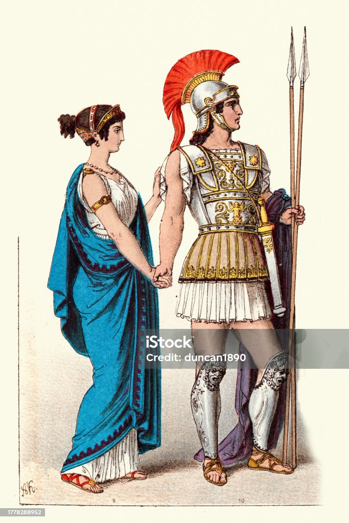 Greek Warrior In Armour Armed With Spears Young Woman Wearing Chiton ...