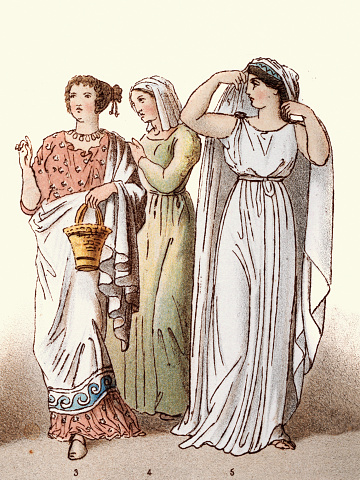 Vintage illustration of Greek women wearing wearing various costumes, History Fashions of classical ancient greece