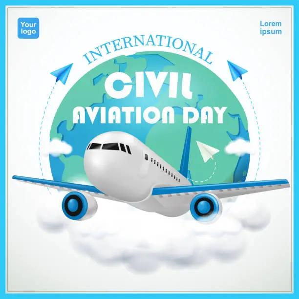 Vector illustration of International Civil Aviation Day. Airplane and paper airplane on cloudy earth background. theme banner. Vector illustration. 3d vector suitable for business, campaigns and events