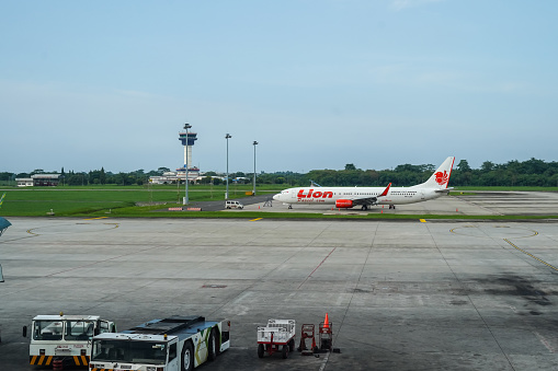 Indonesia, Medan, August 12, 2023, Lion air aircraft at Kualanamu Airport in Indonesia