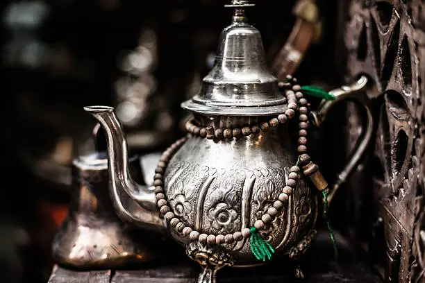 Set of arabic nana mint tea with metal tea pot and glasses