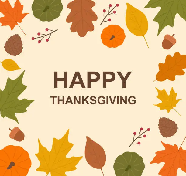 Vector illustration of Happy Thanksgiving Celebration Text With Leaves, Pine Cones, Pumpkins And Acorns