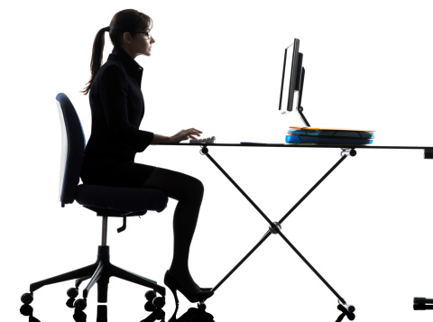 one business woman computer computing typing  silhouette studio on white background