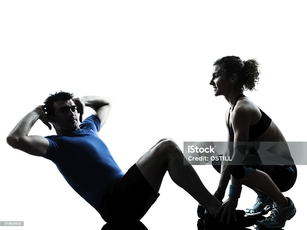 Homem mulher exercício exercício fitness abdominal - Foto de stock de Fundo Branco royalty-free