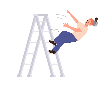 Repairman, electrician, builder or technician worker cartoon character falling down from ladder isolated on white background. Man in trouble doing industry or repair work vector illustration