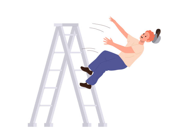 Isolated repairman, electrician or technician worker cartoon character falling down from ladder Repairman, electrician, builder or technician worker cartoon character falling down from ladder isolated on white background. Man in trouble doing industry or repair work vector illustration unbalance stock illustrations
