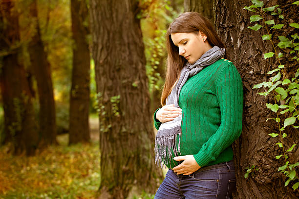 Beautiful pregnant woman relaxing in the park stock photo