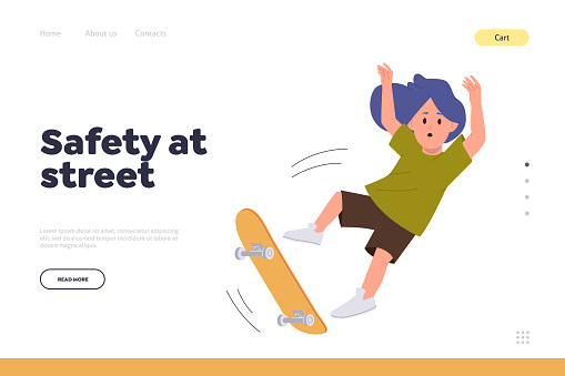 Safety and street concept for landing page template with little child cartoon character tumbling down from skateboard doing extreme trick. Website vector illustration for children insurance online