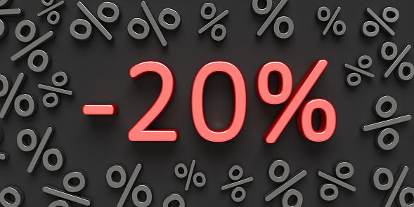 Red text -20% on the black background with percent signs. Advertisement banner for Black Friday and other seasonal sales.