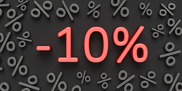 Red text -10% on the black background with percent signs. Advertisement banner for Black Friday and other seasonal sales.