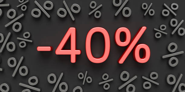 testo rosso -40% su sfondo nero con segni di percentuale. banner pubblicitario per il black friday e altri saldi stagionali. - 40 weeks foto e immagini stock