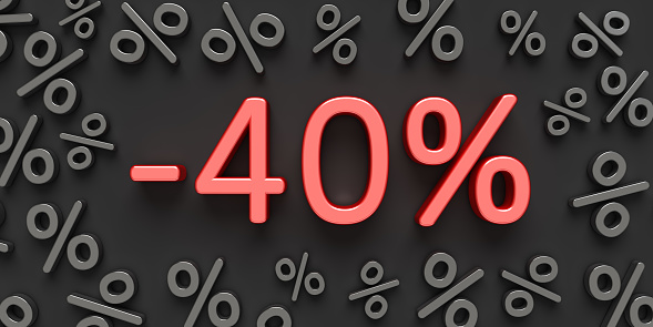 Red text -40% on the black background with percent signs. Advertisement banner for Black Friday and other seasonal sales.