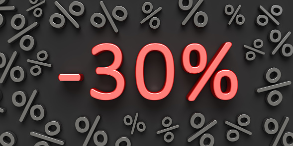 Red text -30% on the black background with percent signs. Advertisement banner for Black Friday and other seasonal sales.