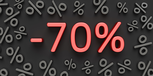 Red text -70% on the black background with percent signs. Advertisement banner for Black Friday and other season sales.