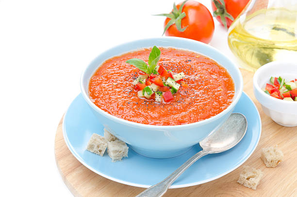 istock cold tomato soup gazpacho with basil and croutons 177832582