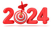 2024 with successful red dart and target isolated on the white background. Business objectives achieved.