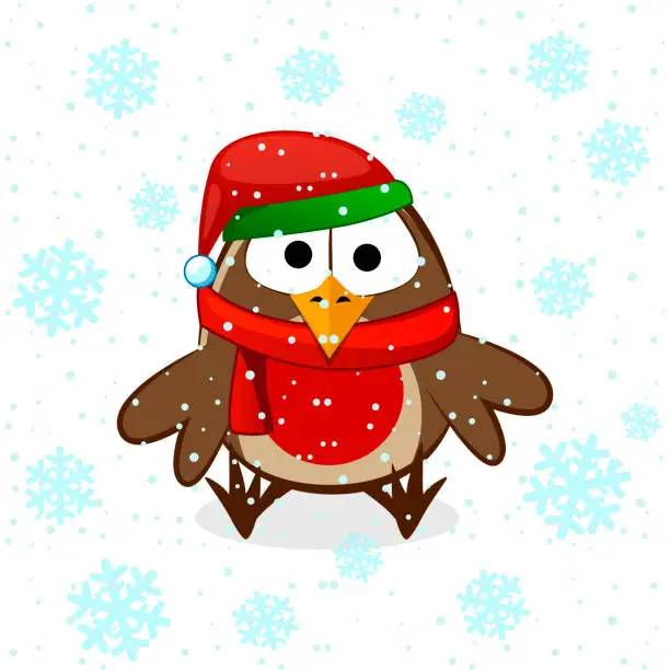 Vector illustration of Little funy bullfinch in New Years cap and snow. Vector flat illustration