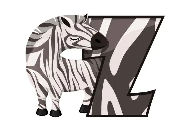 Vector illustration of Letter Z and a cute cartoon zebra. Kids English alphabet. It is suitable for the design of postcards, books, leaflets and banners