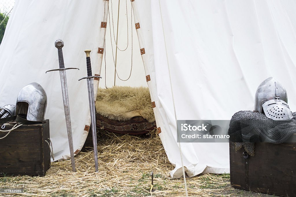 tent of medieval knights tent of medieval knights whith swords and peces of armour Actor Stock Photo